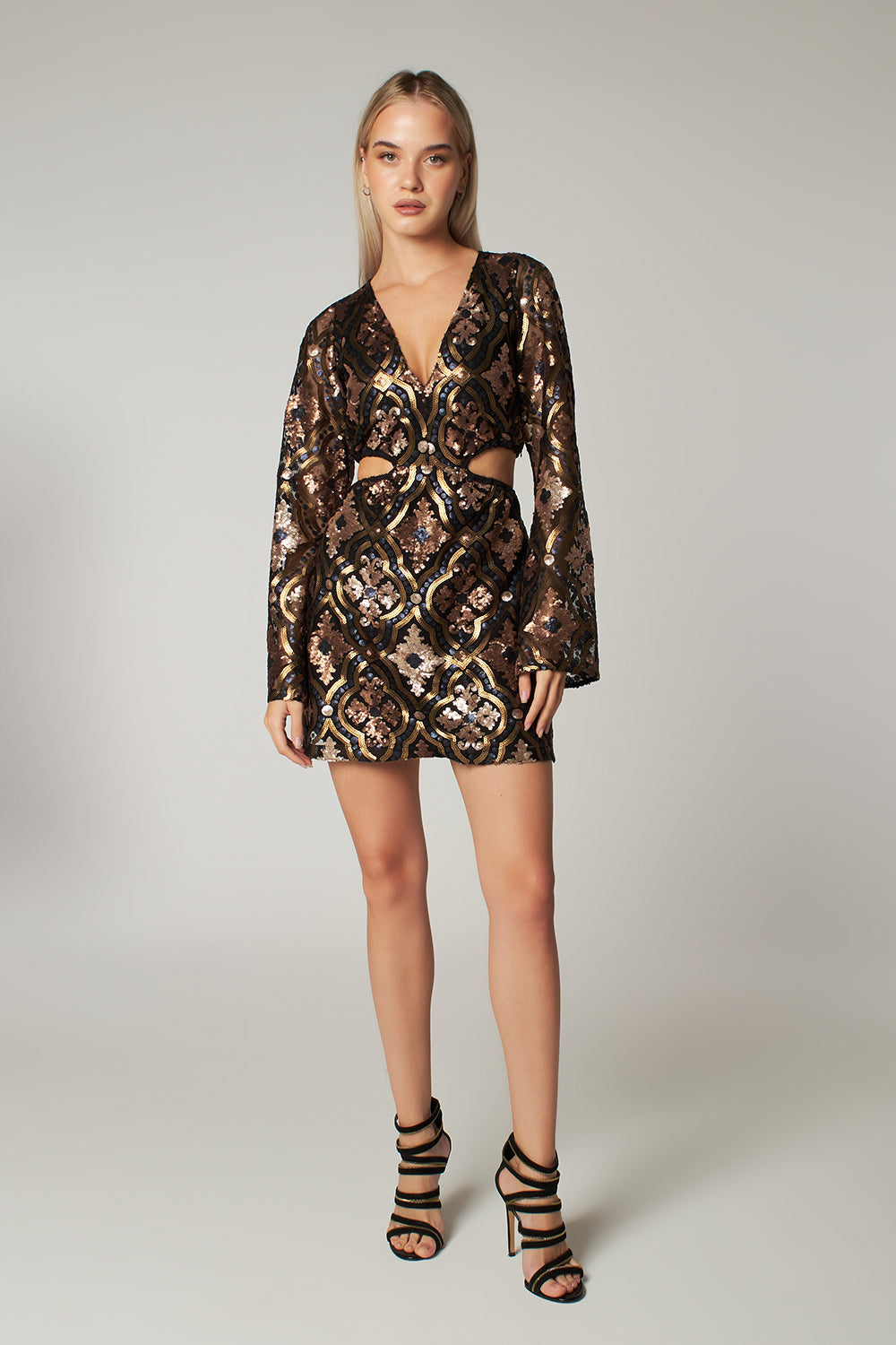 Gold Desenli Uzun Kollu Payetli Mini Elbise Lera - 2