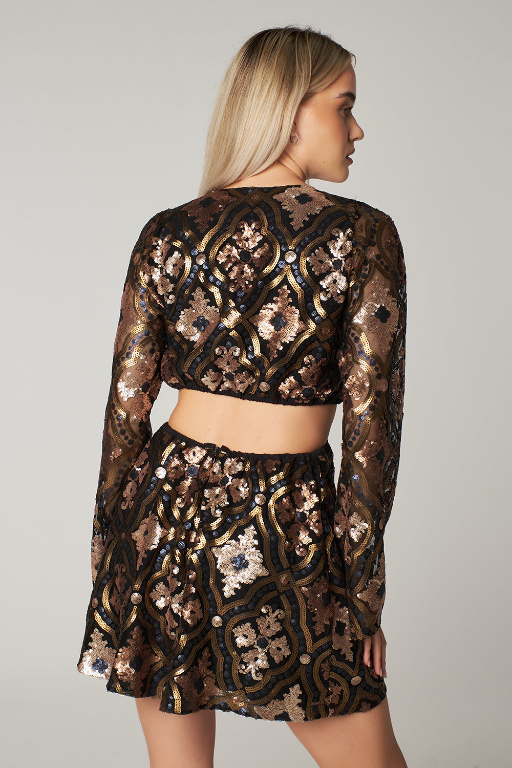 Gold Desenli Uzun Kollu Payetli Mini Elbise Lera - 4