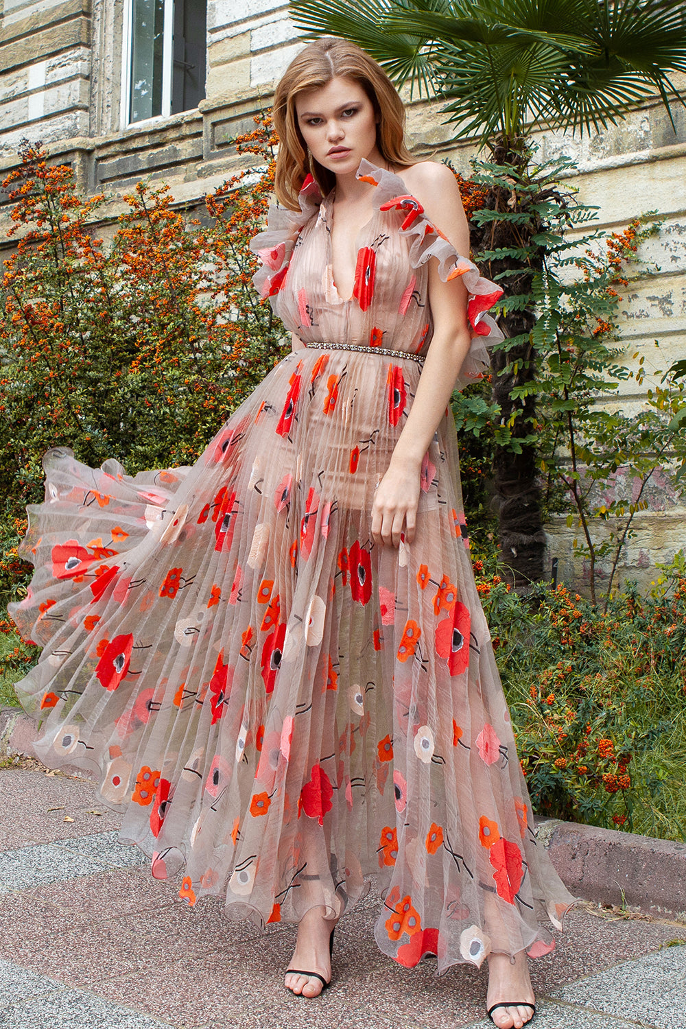 Bej Rengi Çiçek Baskılı Pliseli Abiye Magdalena - 0