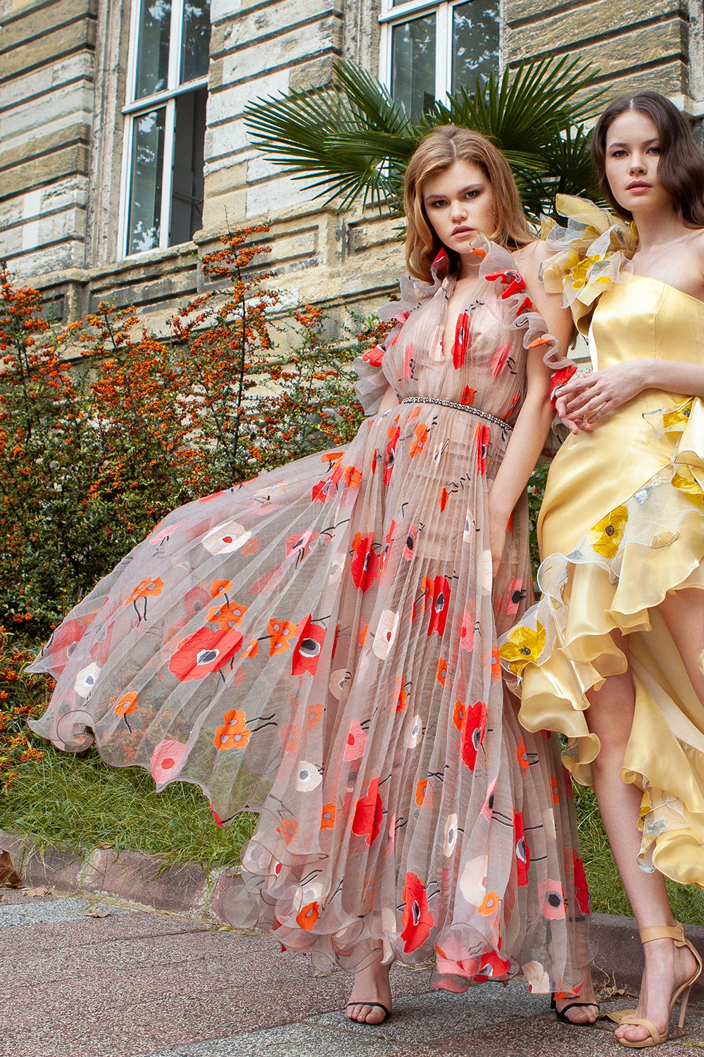 Bej Rengi Çiçek Baskılı Pliseli Abiye Magdalena - 3