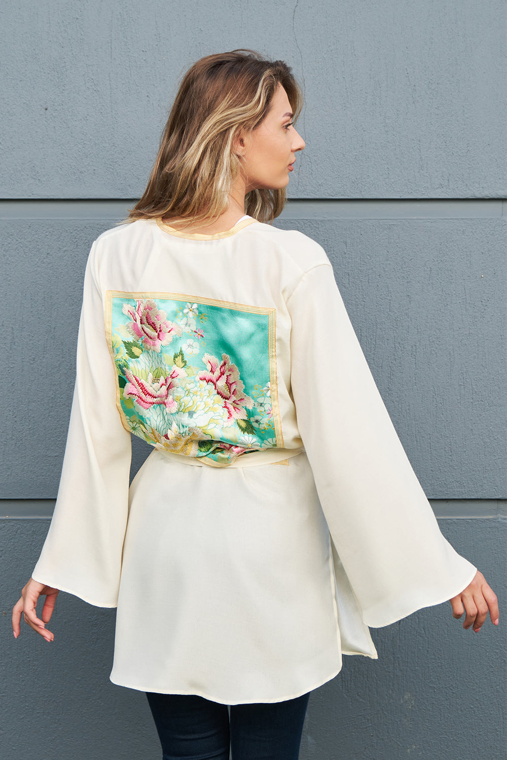 Oversize İpek Mint Gül Nakışlı Kimono - 0
