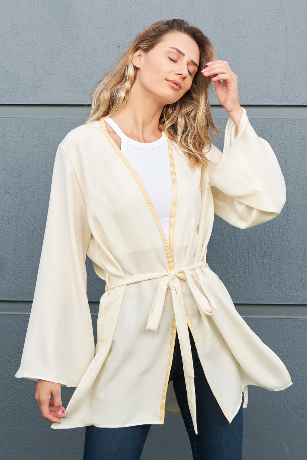 Oversize İpek Mint Gül Nakışlı Kimono - 1
