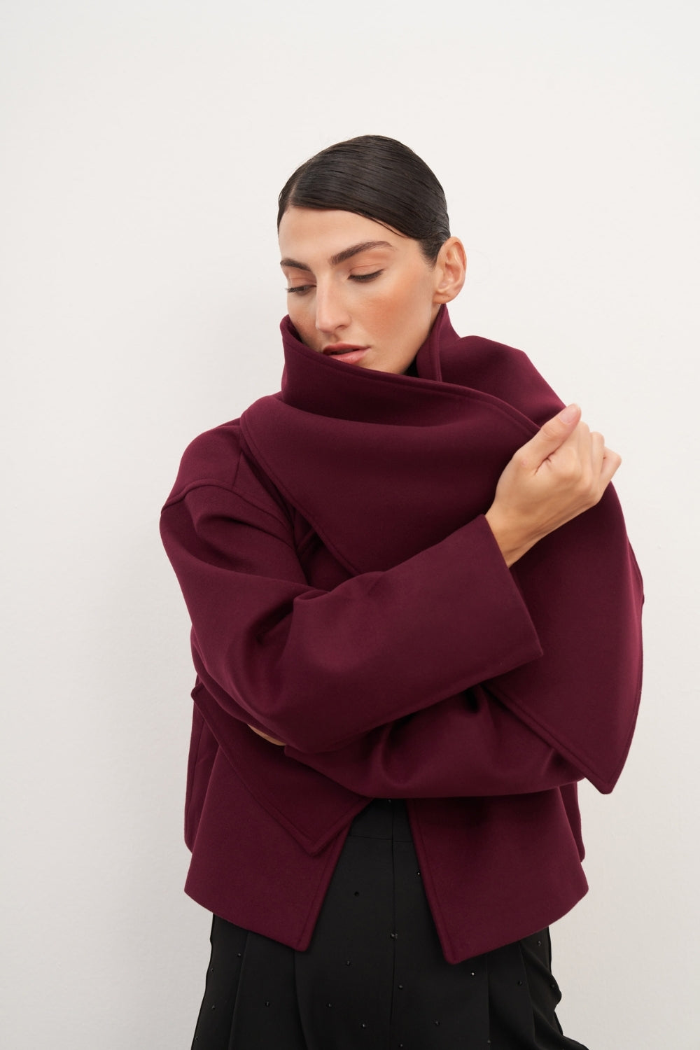 Bordo Şal Detaylı Kaşe Ceket - 1