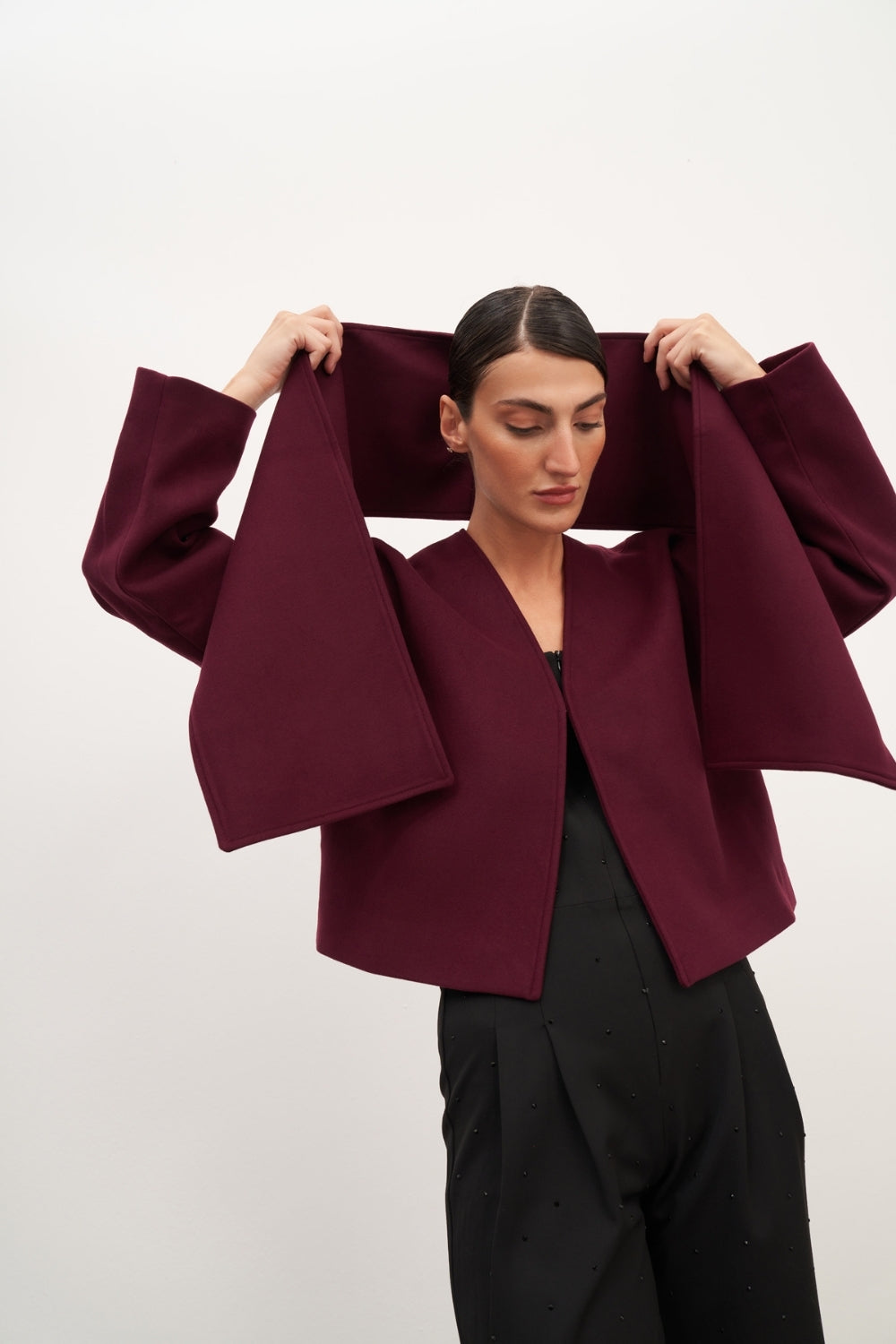 Bordo Şal Detaylı Kaşe Ceket - 2