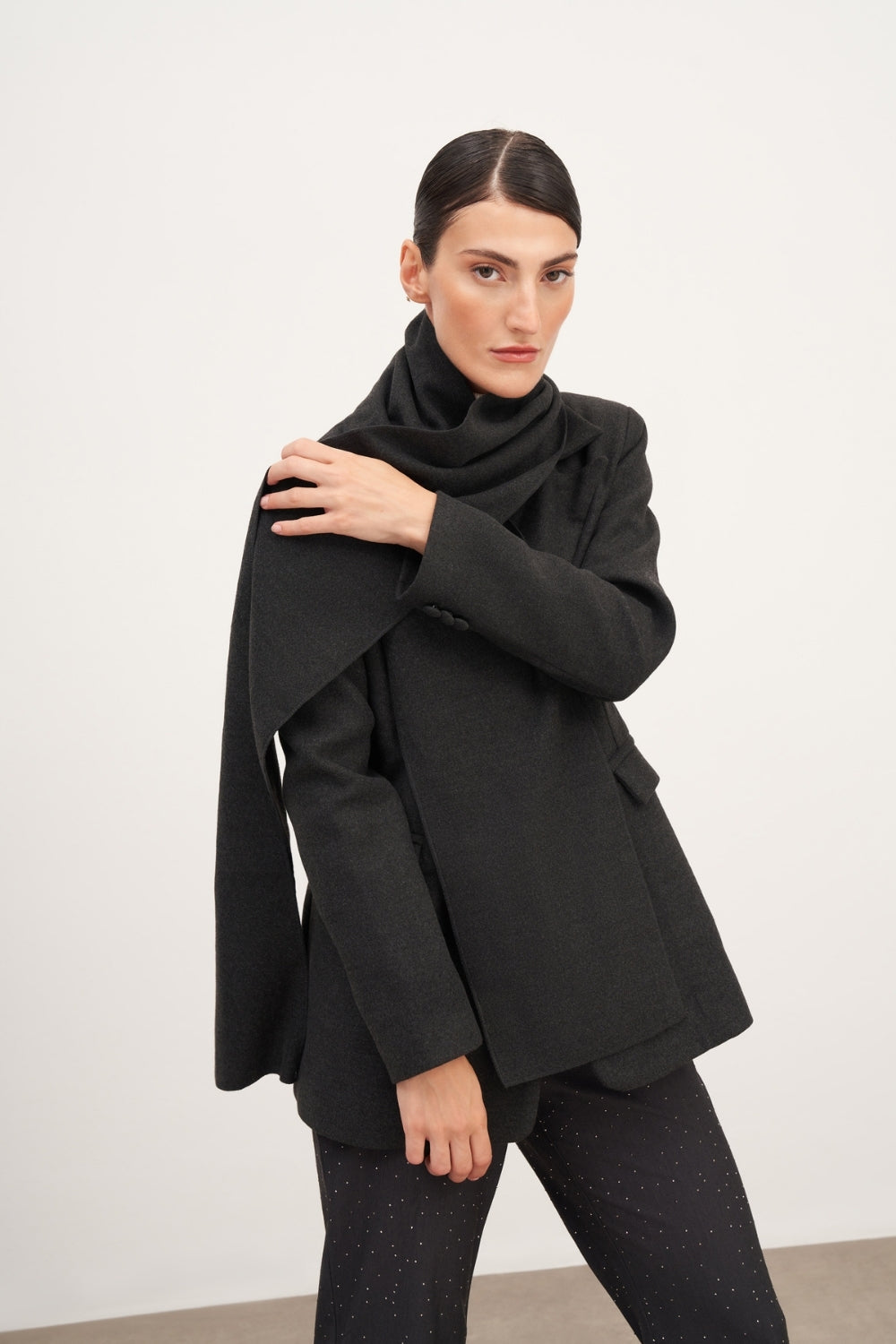 Füme Şal Detaylı Kaşe Blazer Ceket - 1