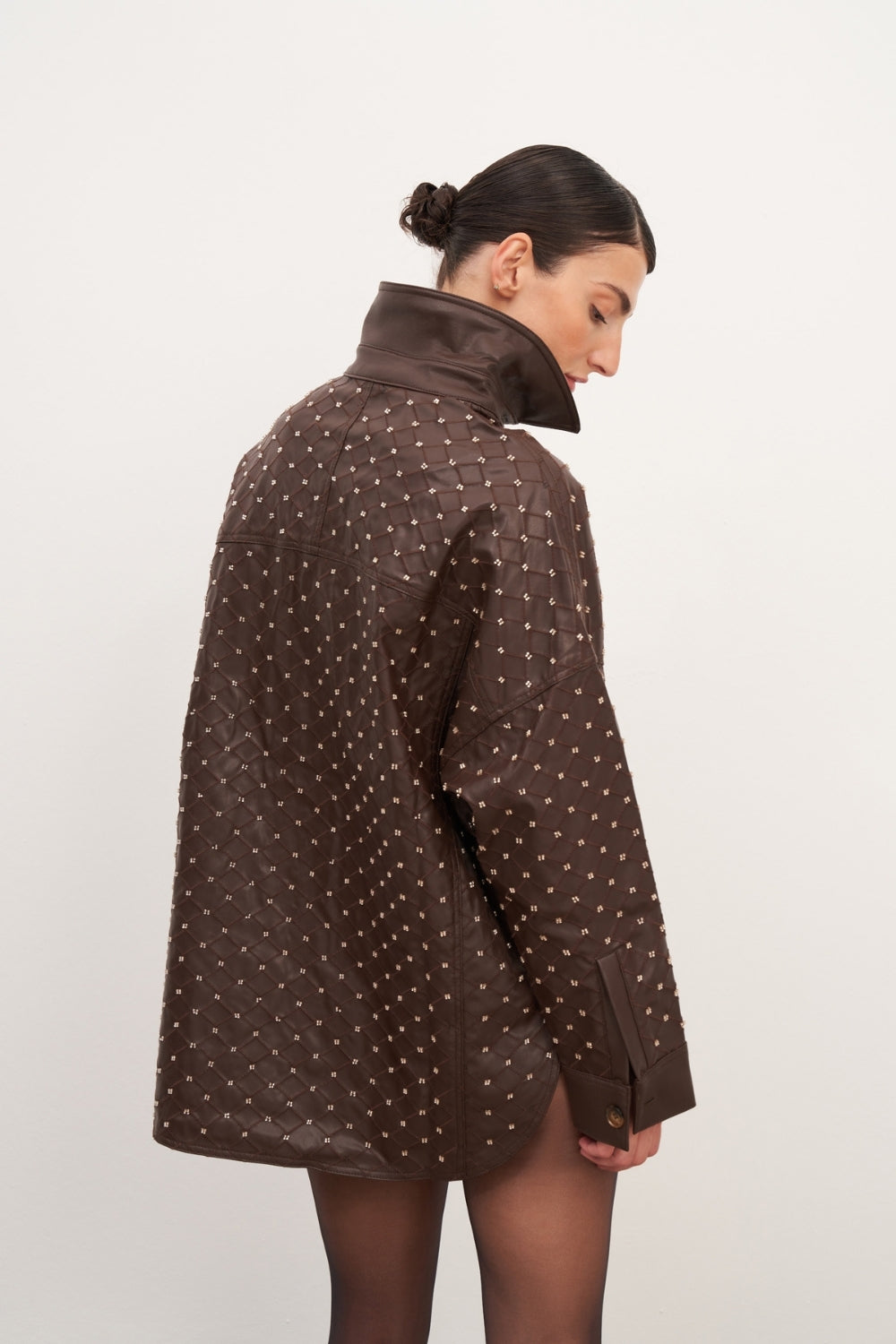 Acı Kahve Boncuk İşlemeli Oversize Gömlek - 1