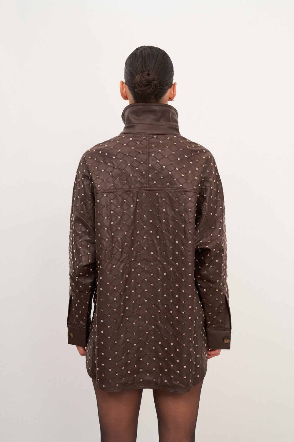 Acı Kahve Boncuk İşlemeli Oversize Gömlek - 3