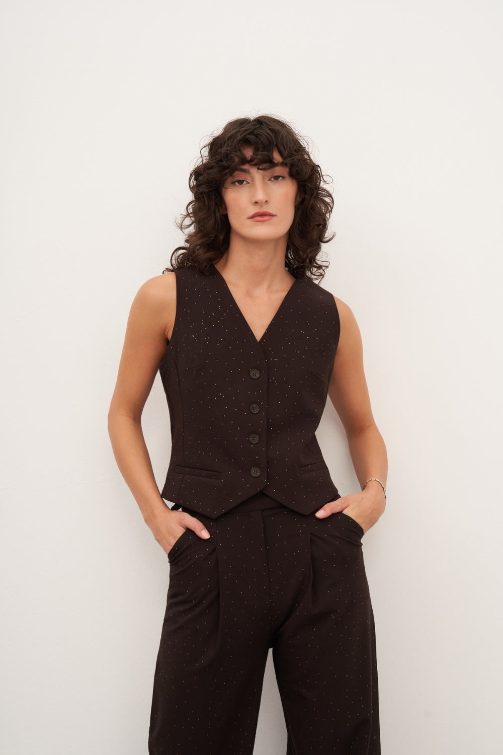 Acı Kahve Düğme Detaylı Yelek - 0