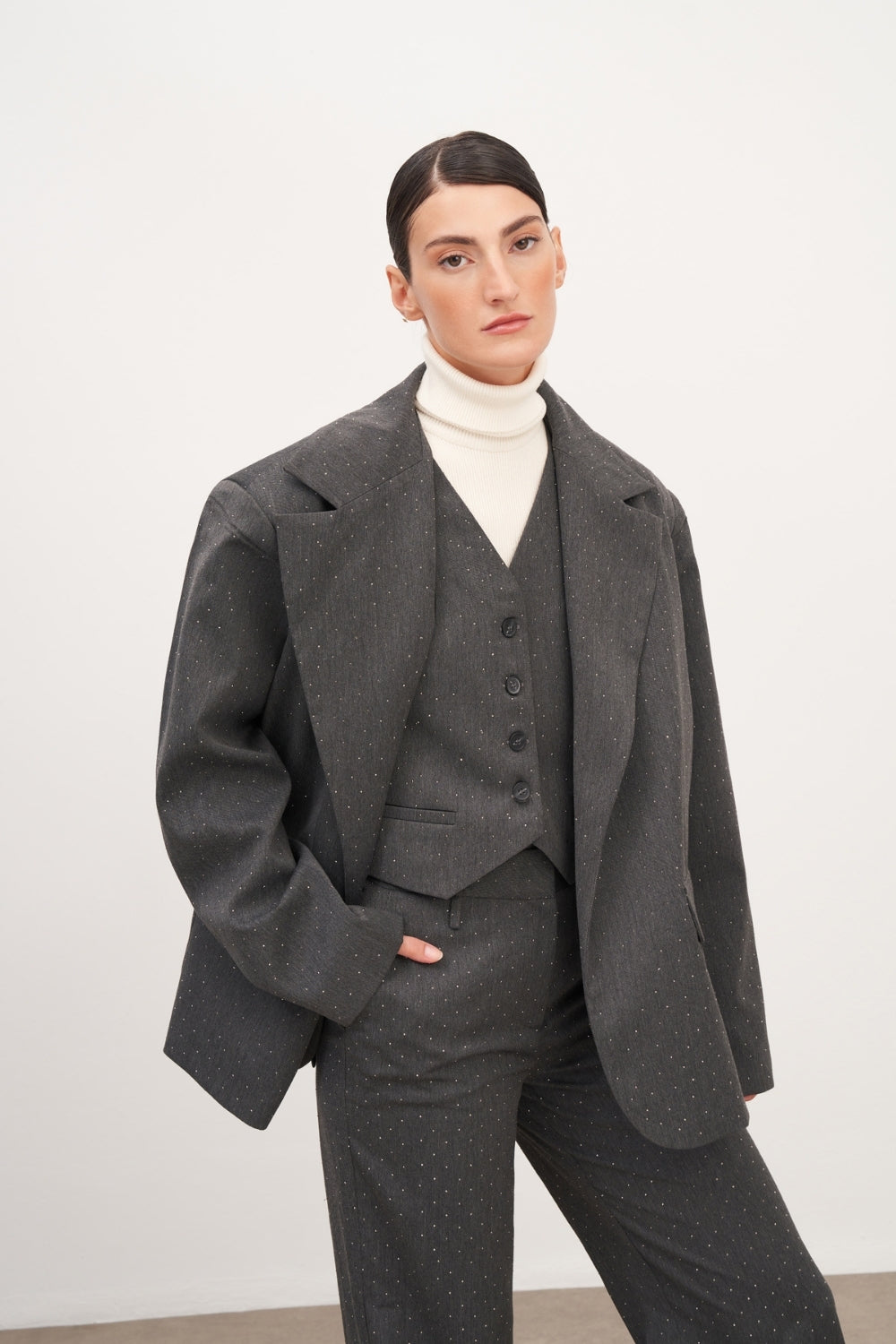 Füme Çift Cep Detaylı Oversize Blazer Ceket - 0