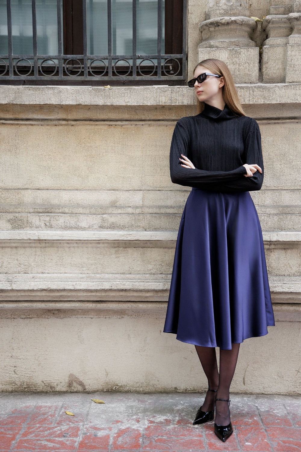 Lacivert Saten Pileli Çan Etek - 0