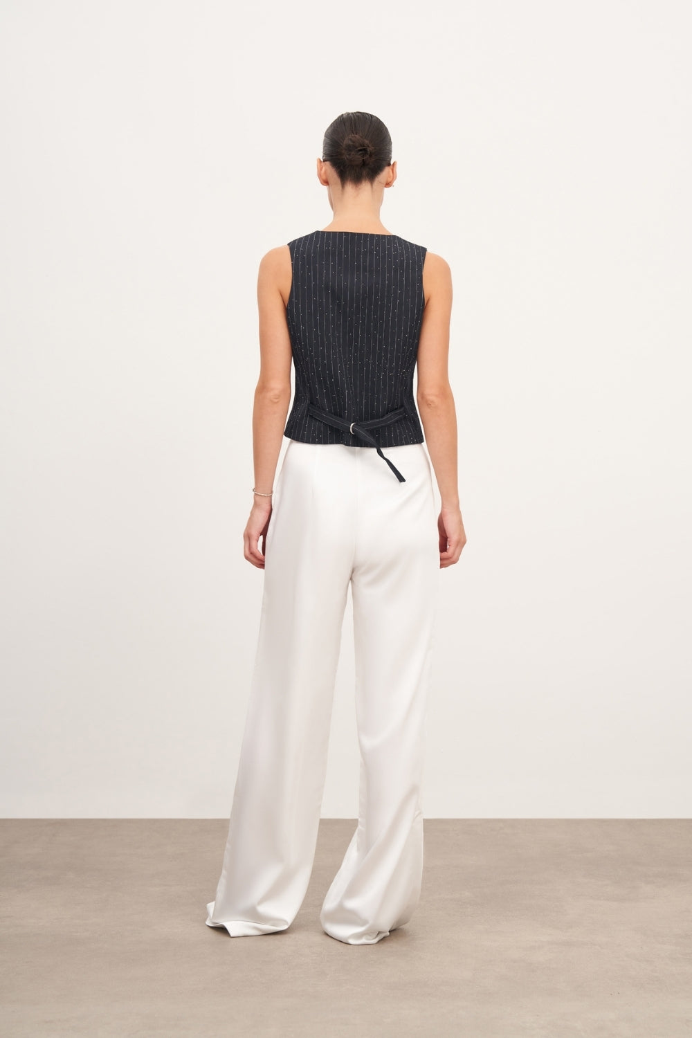 Ekru Çift Pileli Saten Pantolon - 2