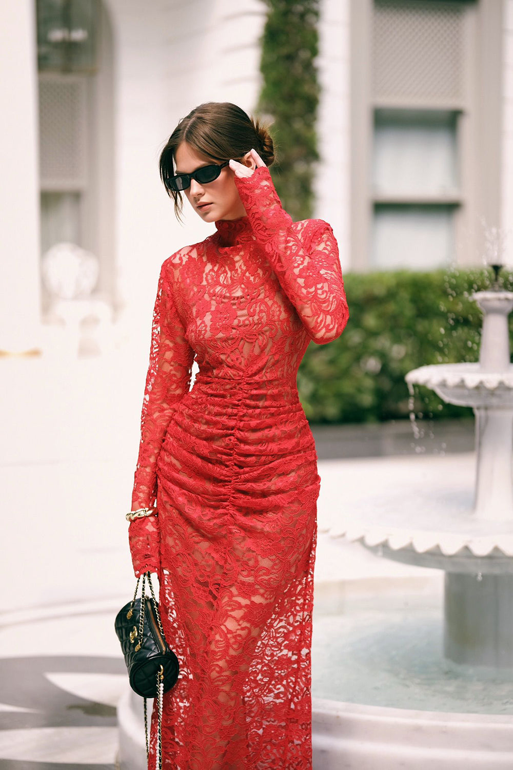 Uzun Kollu Dantelli Uzun Kırmızı Elbise - 0