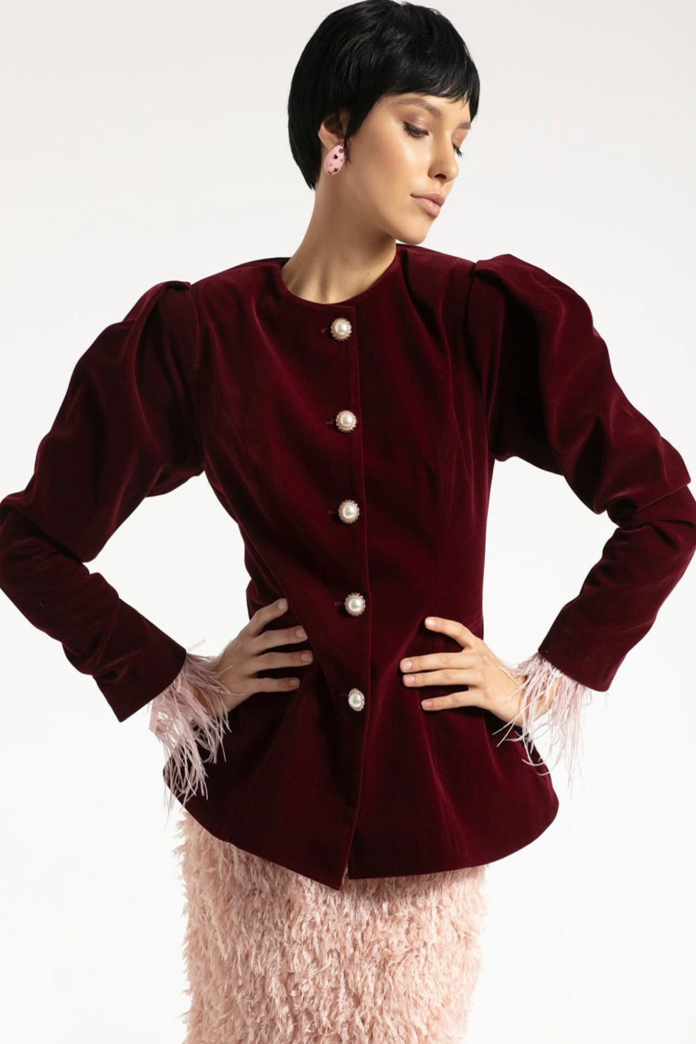 İnci Düğme Detaylı Bordo Kadife Ceket - 0