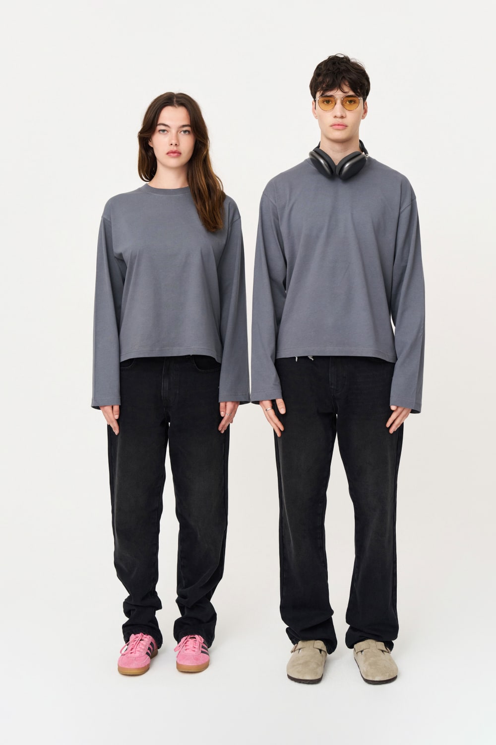 Uzun Kollu Nakışlı Oversize Gri T-Shirt - 1