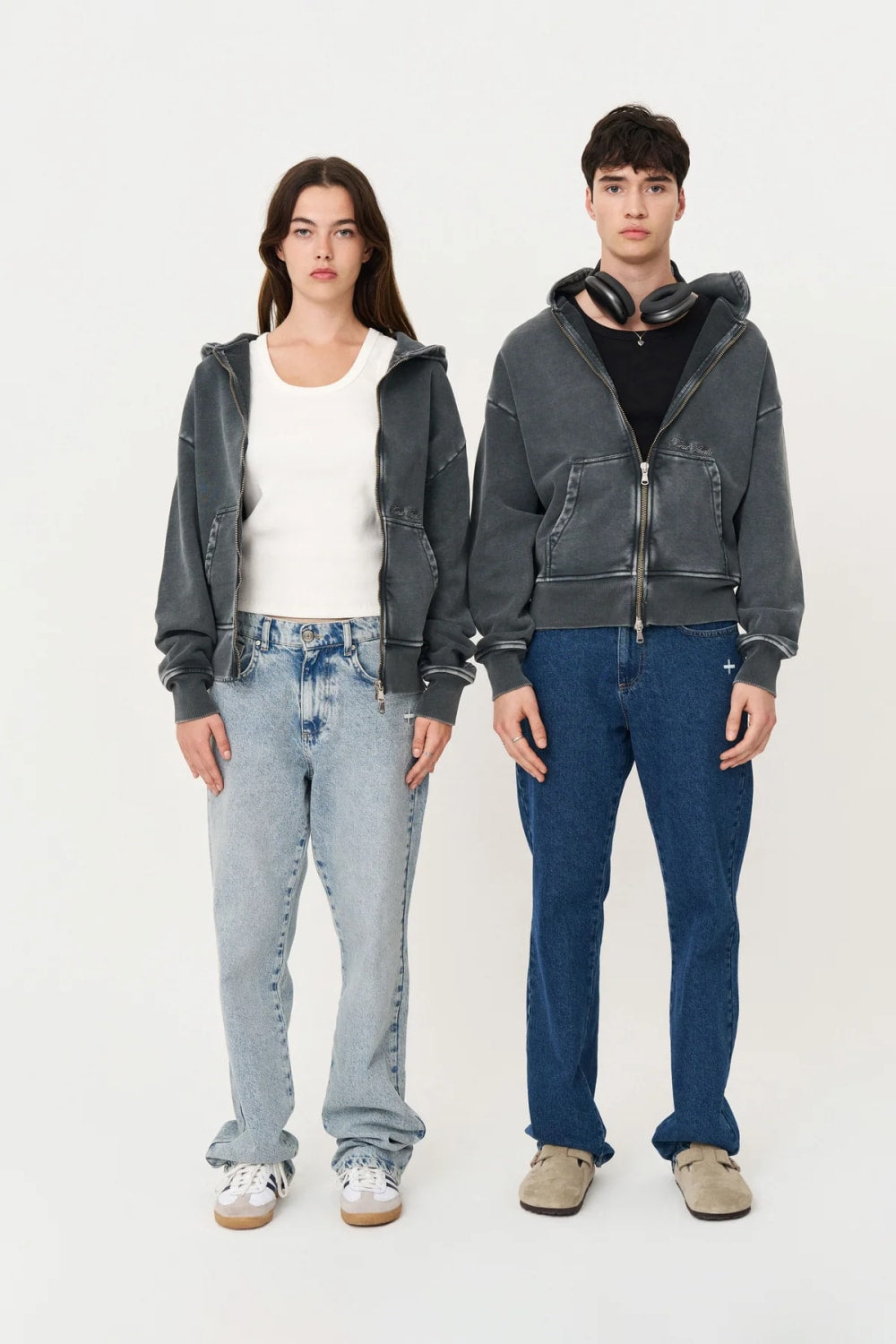 Yıkanmış Gri Oversize Fermuarlı Hoodie - 1