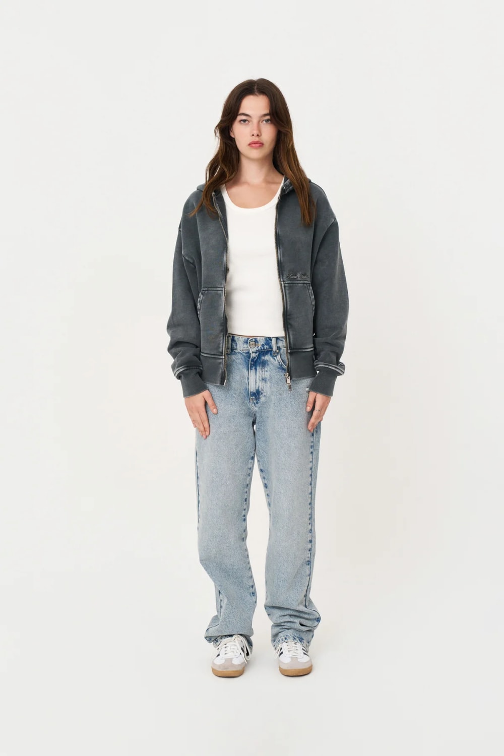 Yıkanmış Gri Oversize Fermuarlı Hoodie - 3