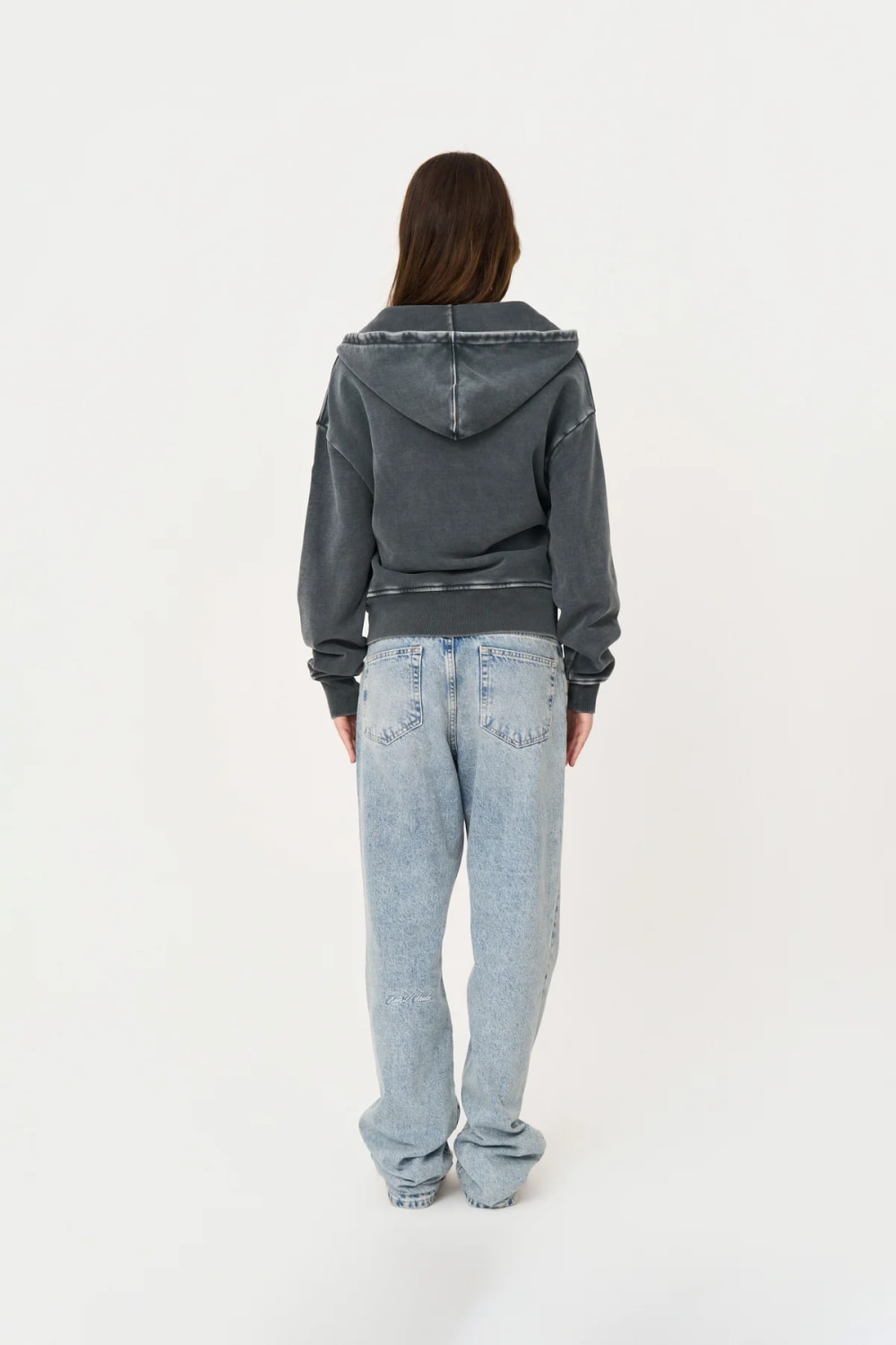 Yıkanmış Gri Oversize Fermuarlı Hoodie - 4