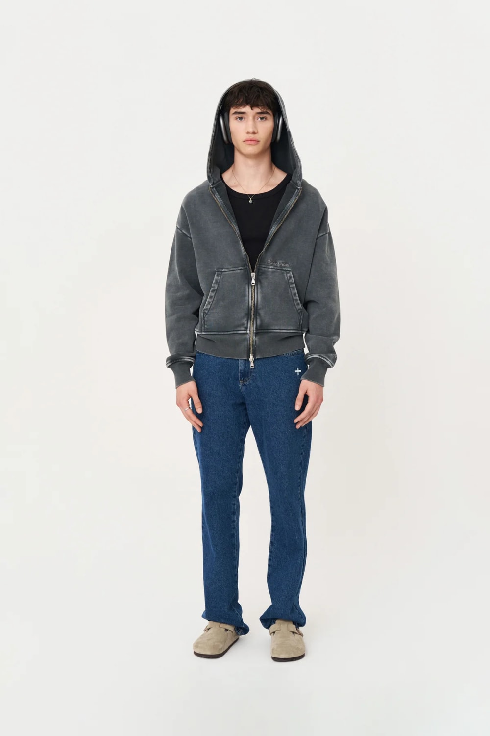 Yıkanmış Gri Oversize Fermuarlı Hoodie - 5