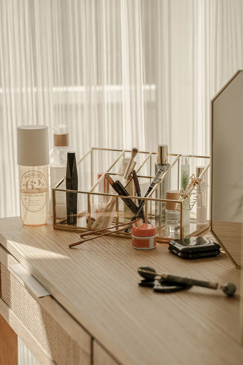 Pirinç Gold Cam Makyaj Takı Aksesuar Parfüm Fırçalık Organizer Kutusu 25x15x12cm - 0