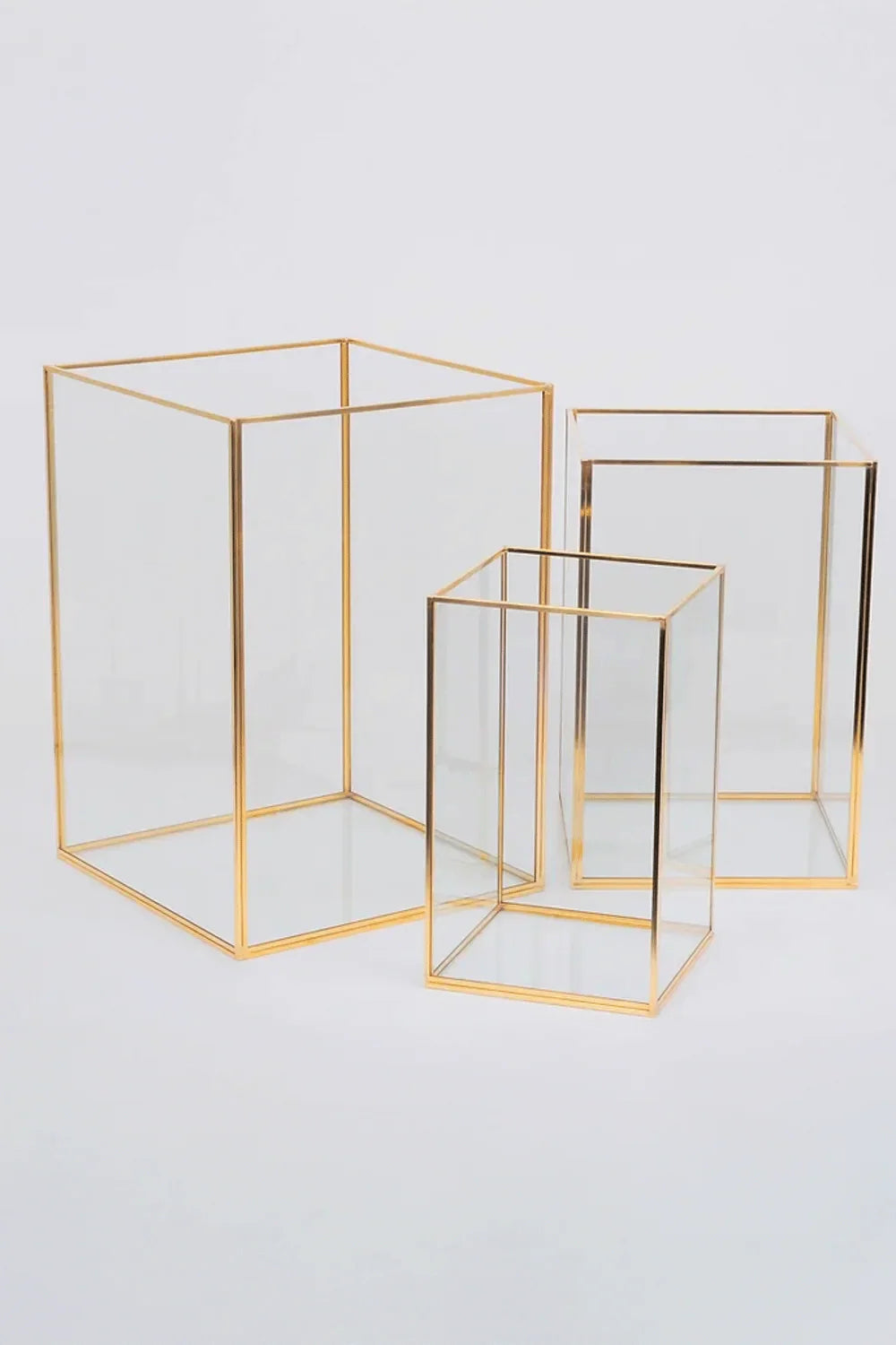 3 Parça Pirinç Gold Geometrik Teraryum Cam Fanus Mumluk - 0