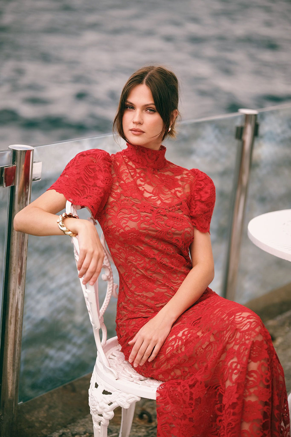 Kısa Kollu Dantelli Kırmızı Uzun Elbise - 1