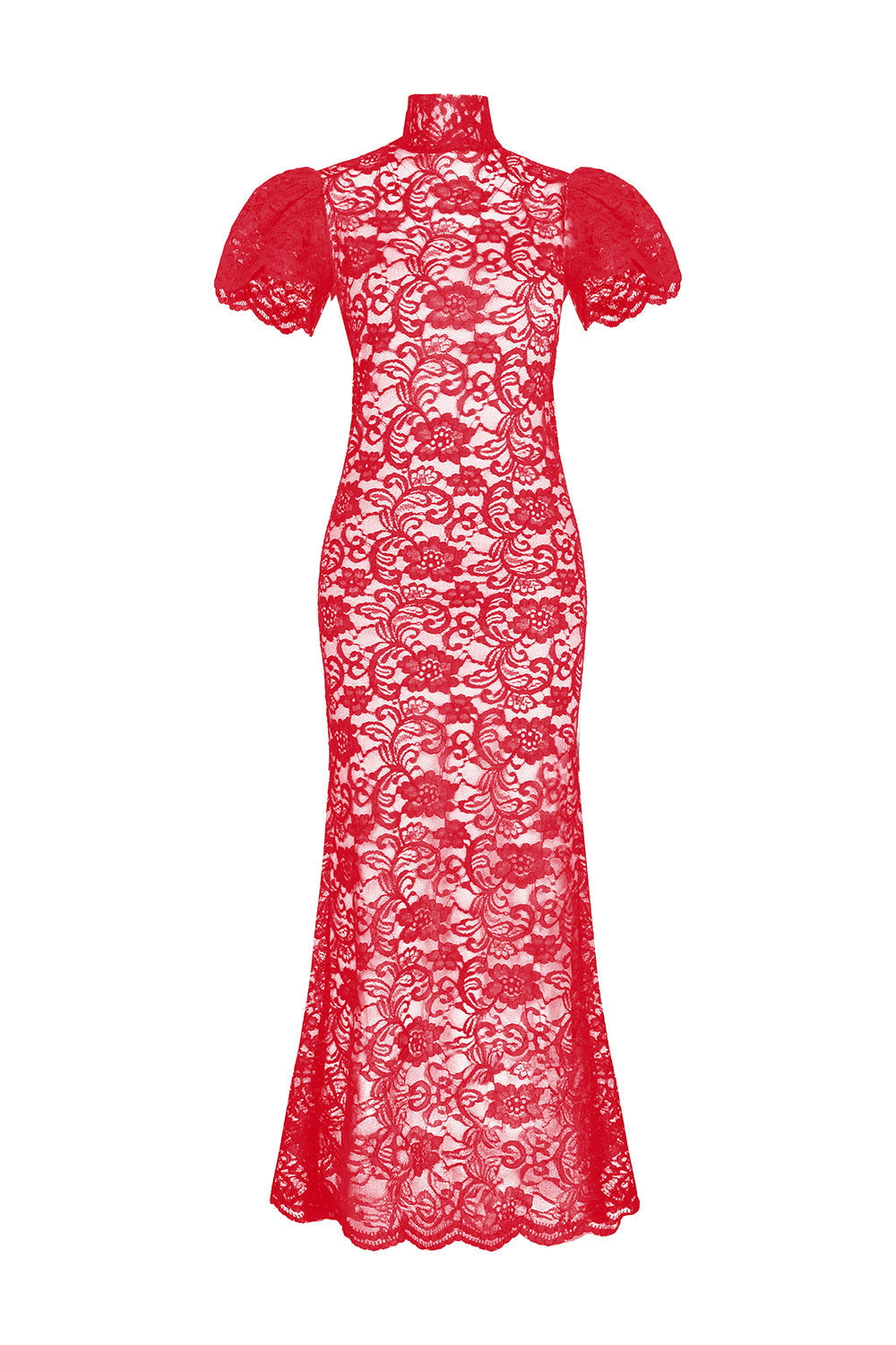 Kısa Kollu Dantelli Kırmızı Uzun Elbise - 3