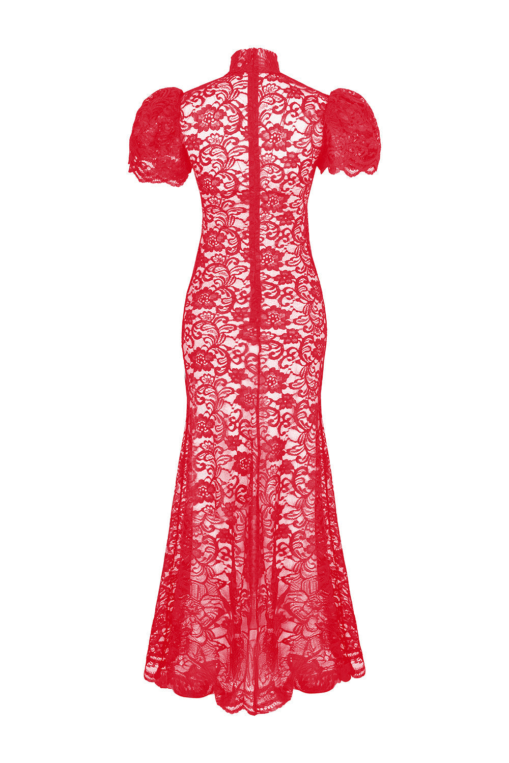 Kısa Kollu Dantelli Kırmızı Uzun Elbise - 4