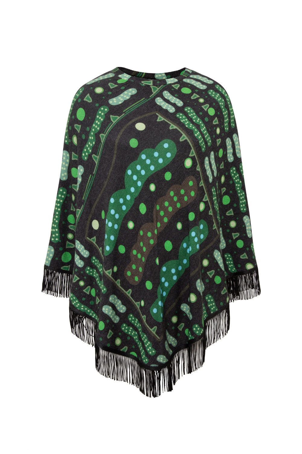 Yeşil Bulut Desenli Saçak Detaylı Panço - 3