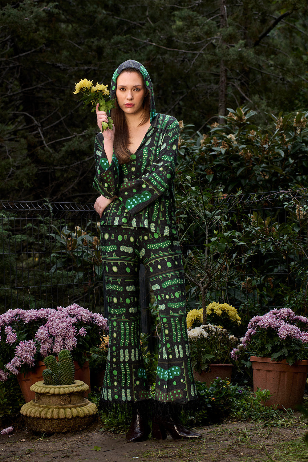 Yeşil Bulut Desenli Kapüşon Detaylı Salaş Sweatshirt - 1