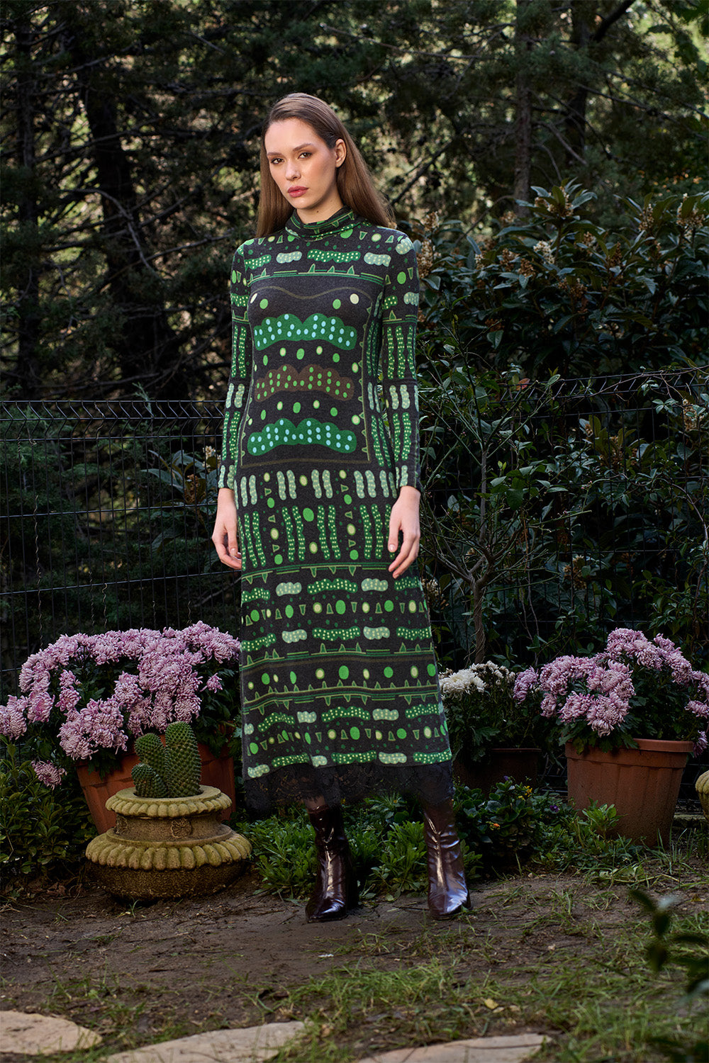 Yeşil Bulut Desenli Dantel Detaylı Uzun Elbise - 0