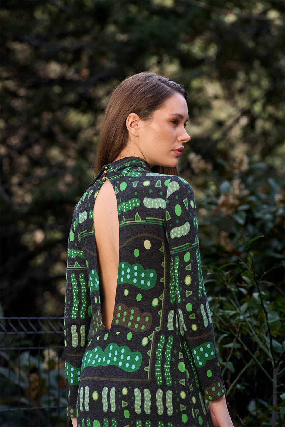 Yeşil Bulut Desenli Dantel Detaylı Uzun Elbise - 1