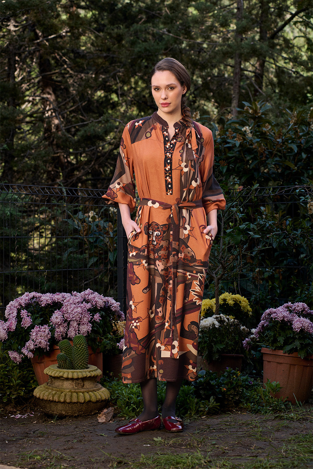 Kahve Kaplan Desenli Uzun Elbise - 1