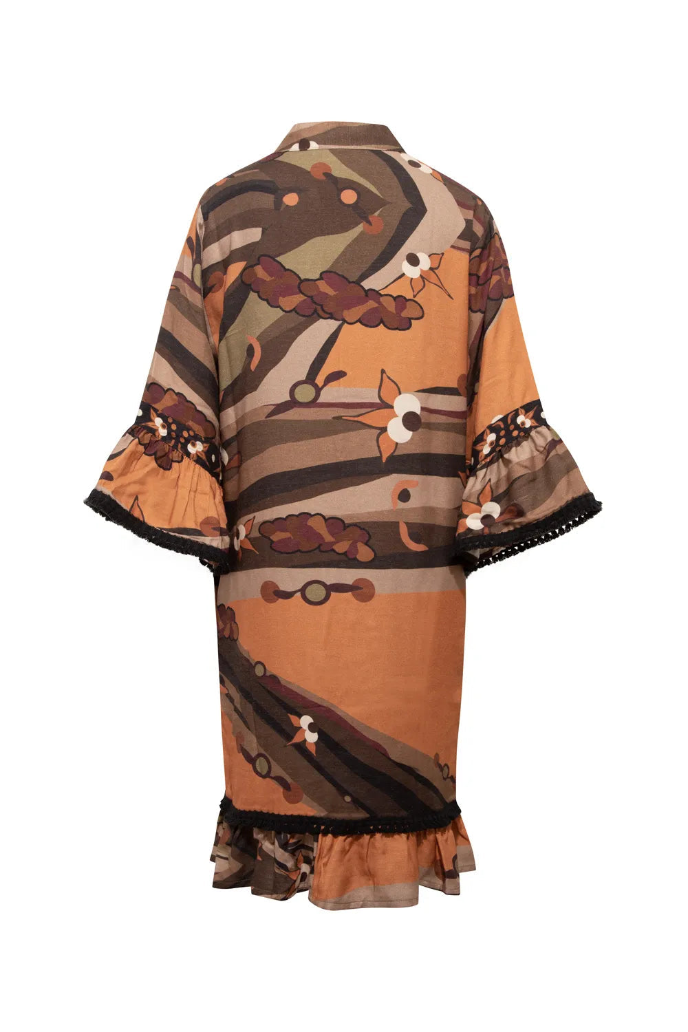 Kahve Ağaç Desenli Volan Kol Detaylı Kısa Elbise - 4