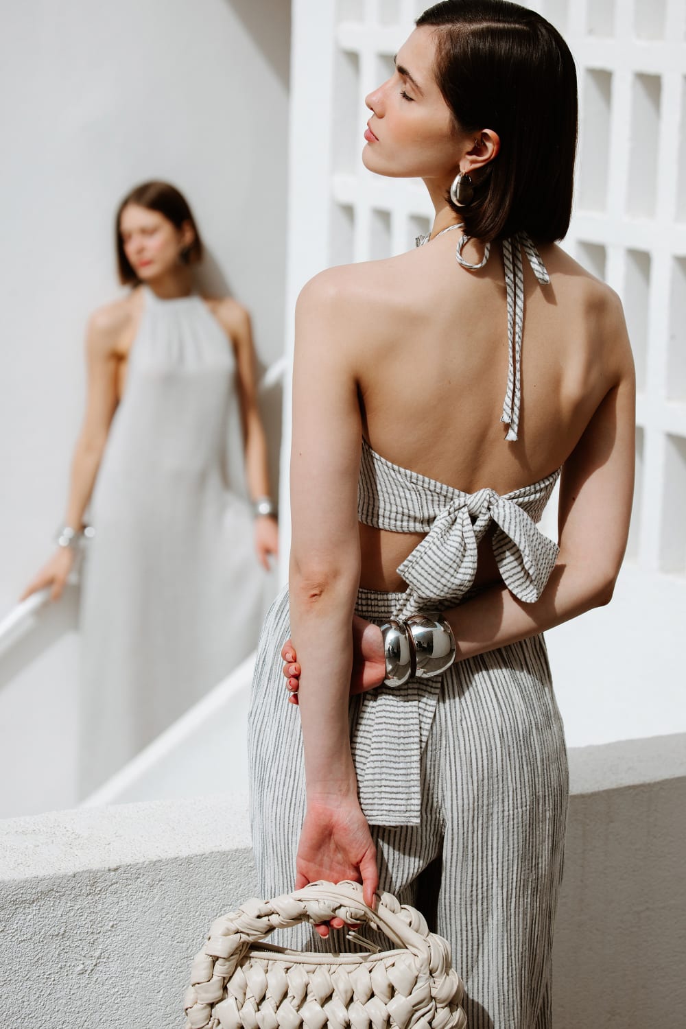 Crinkle Çizgili Halter Yaka Bluz - 1