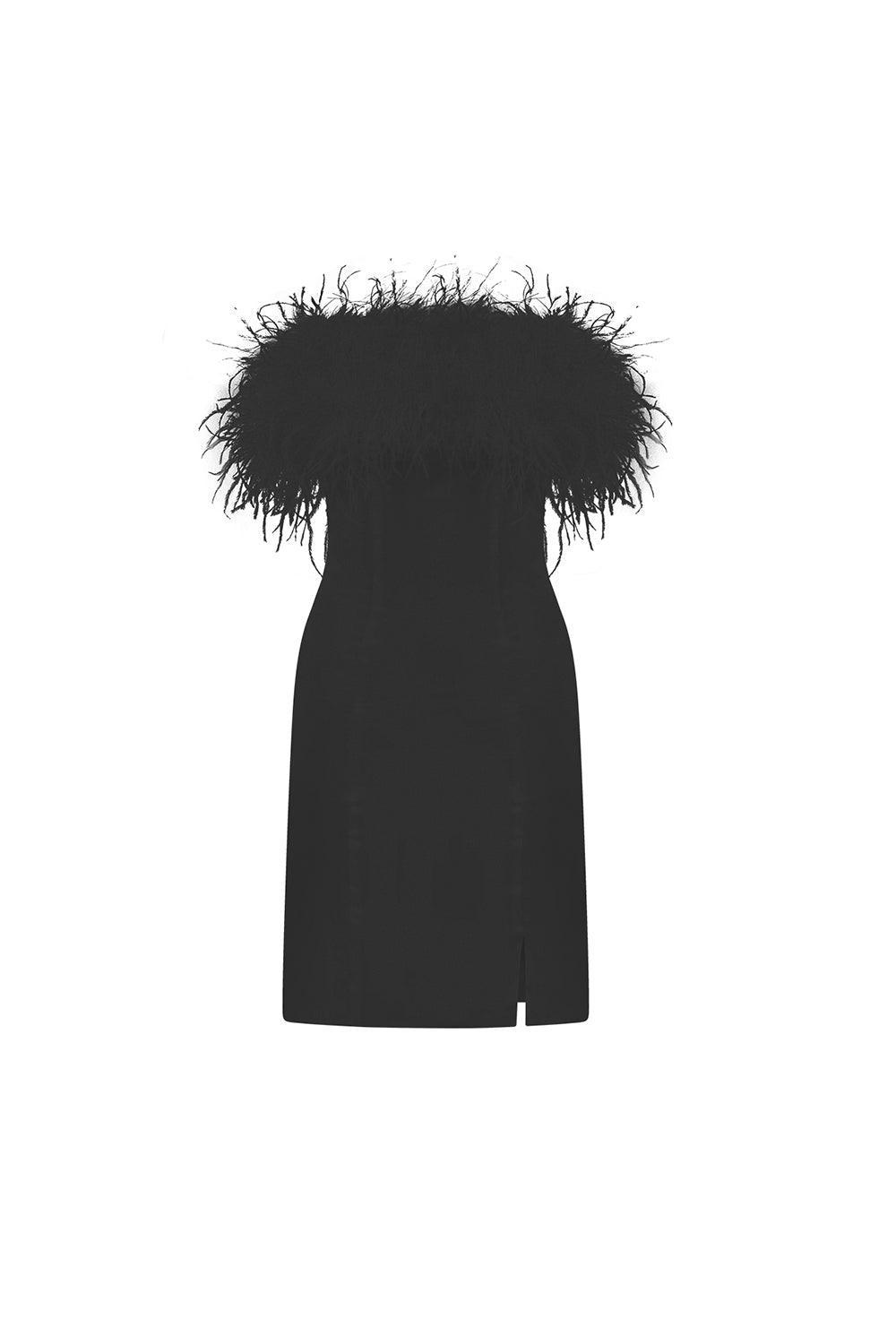 Liana Tüylü Siyah Mini Elbise - 1