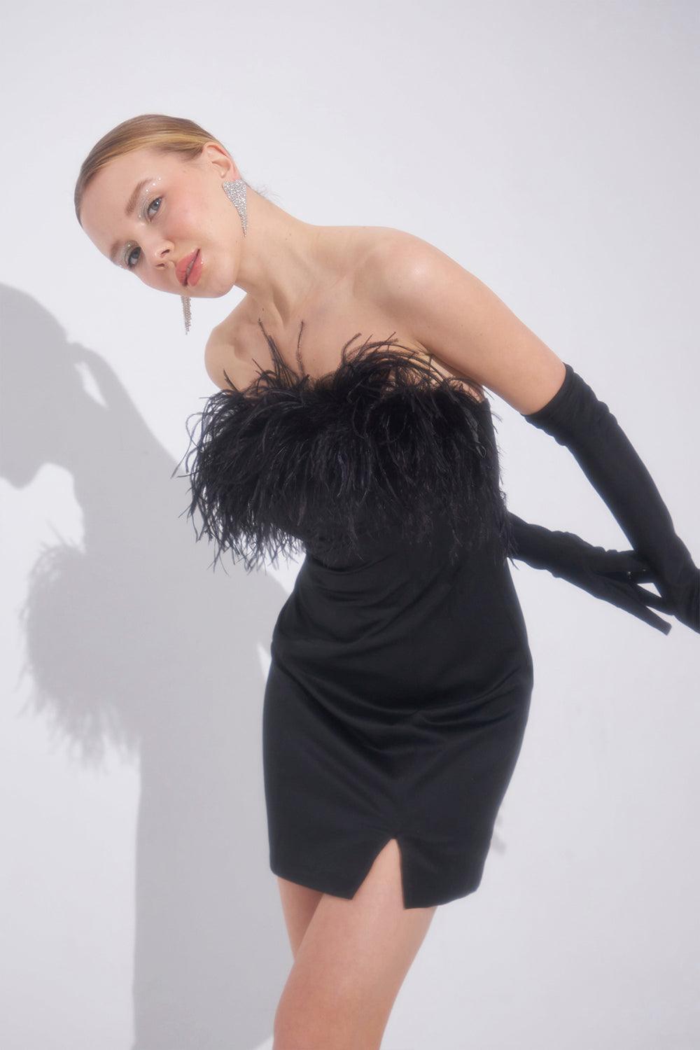 Liana Tüylü Siyah Mini Elbise - 2