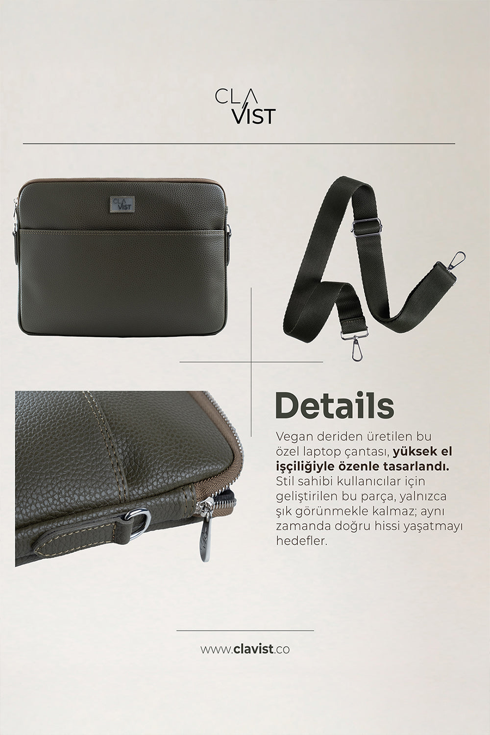 Vegan Deri Portföy Çanta Haki - 3