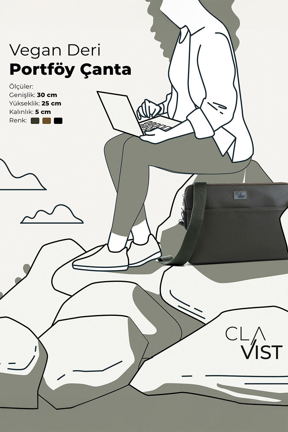 Vegan Deri Portföy Çanta Haki - 4