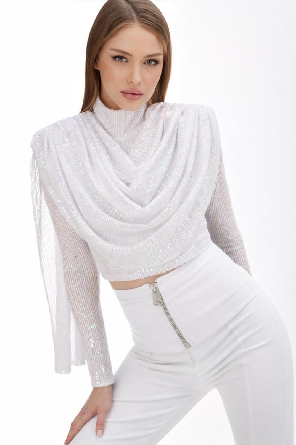 Beyaz Şal Detaylı Bluz - 0