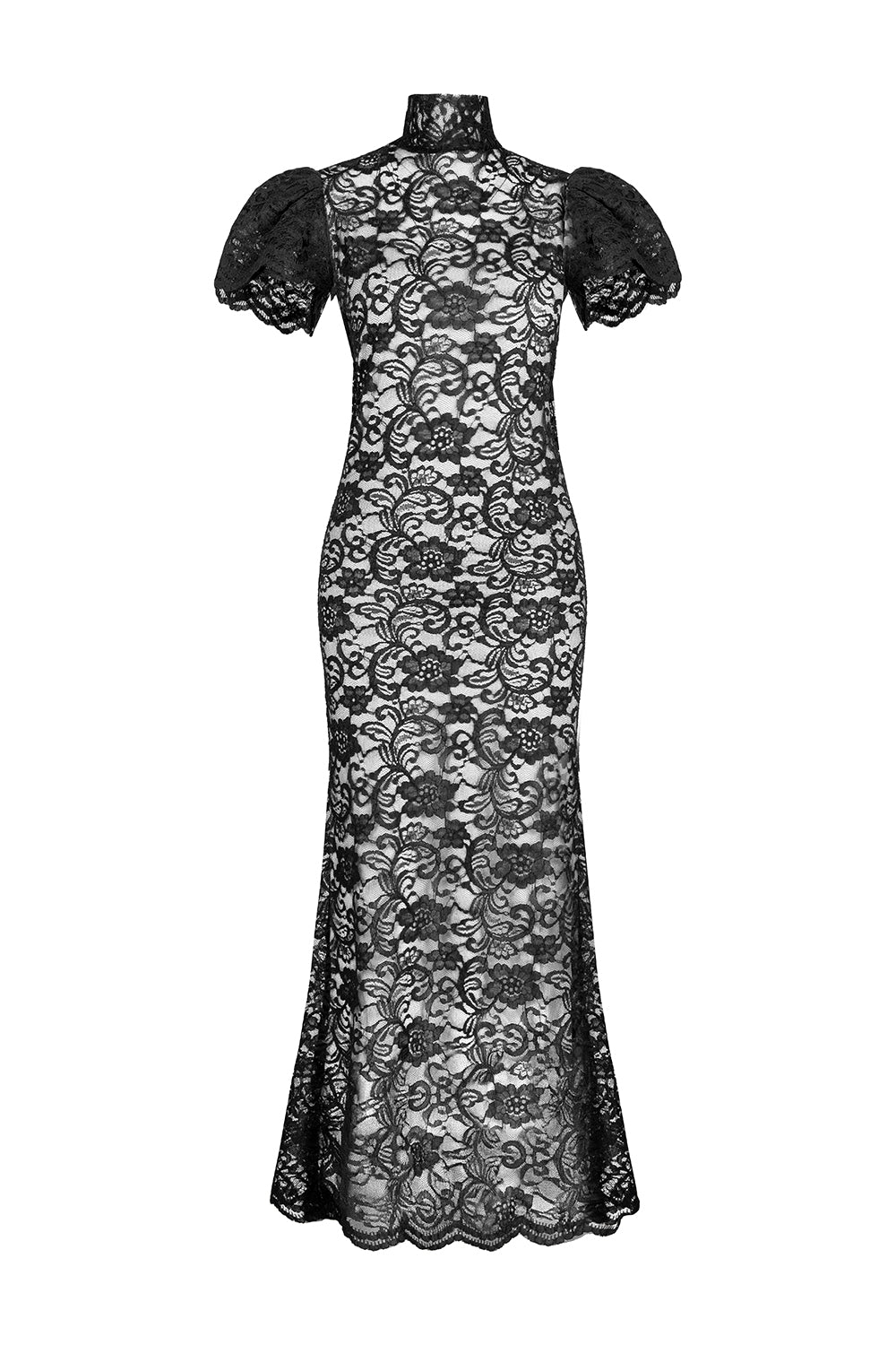 Kısa Kollu Dantelli Siyah Uzun Elbise - 5