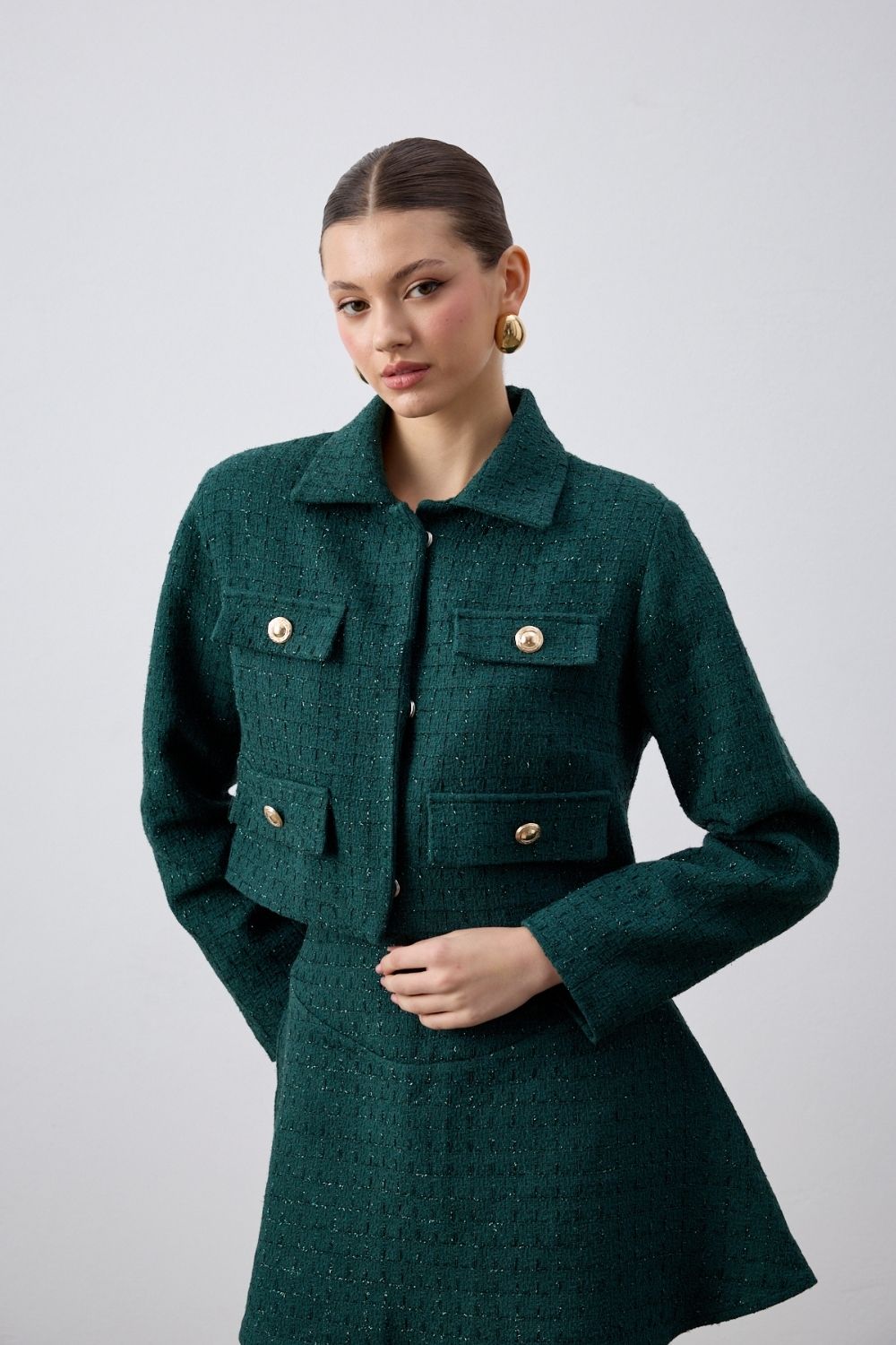 Klapa Yakalı Tüvit Ceket Koyu Yeşil - 0