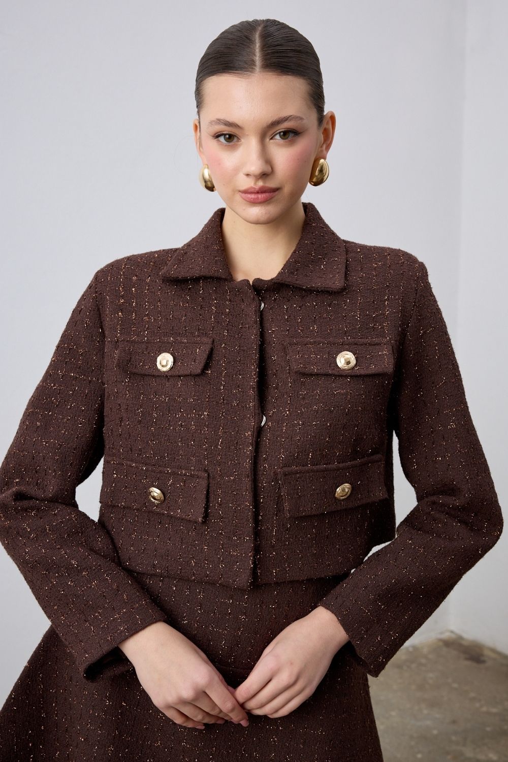 Klapa Yakalı Tüvit Ceket Kahve - 0