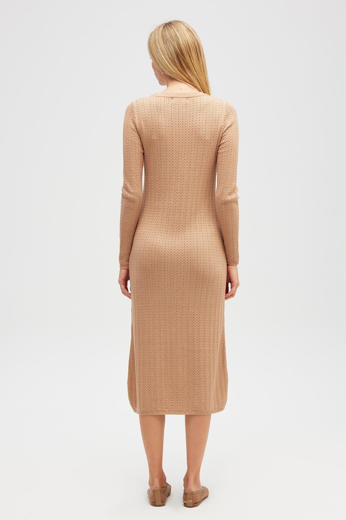 Zaira Mini Saç Örgü Desenli, Yırtmaçlı Elbise Camel - 6