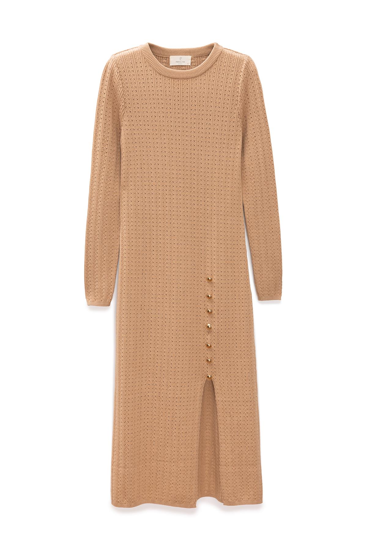Zaira Mini Saç Örgü Desenli, Yırtmaçlı Elbise Camel - 7
