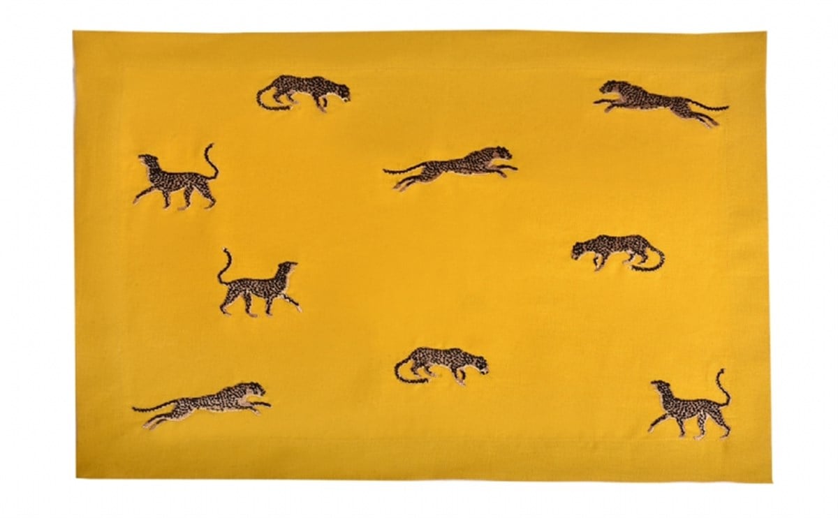 Dekoratif Leopar Desenli Sarı Keten Amerikan Servis - 2 Adet - 1