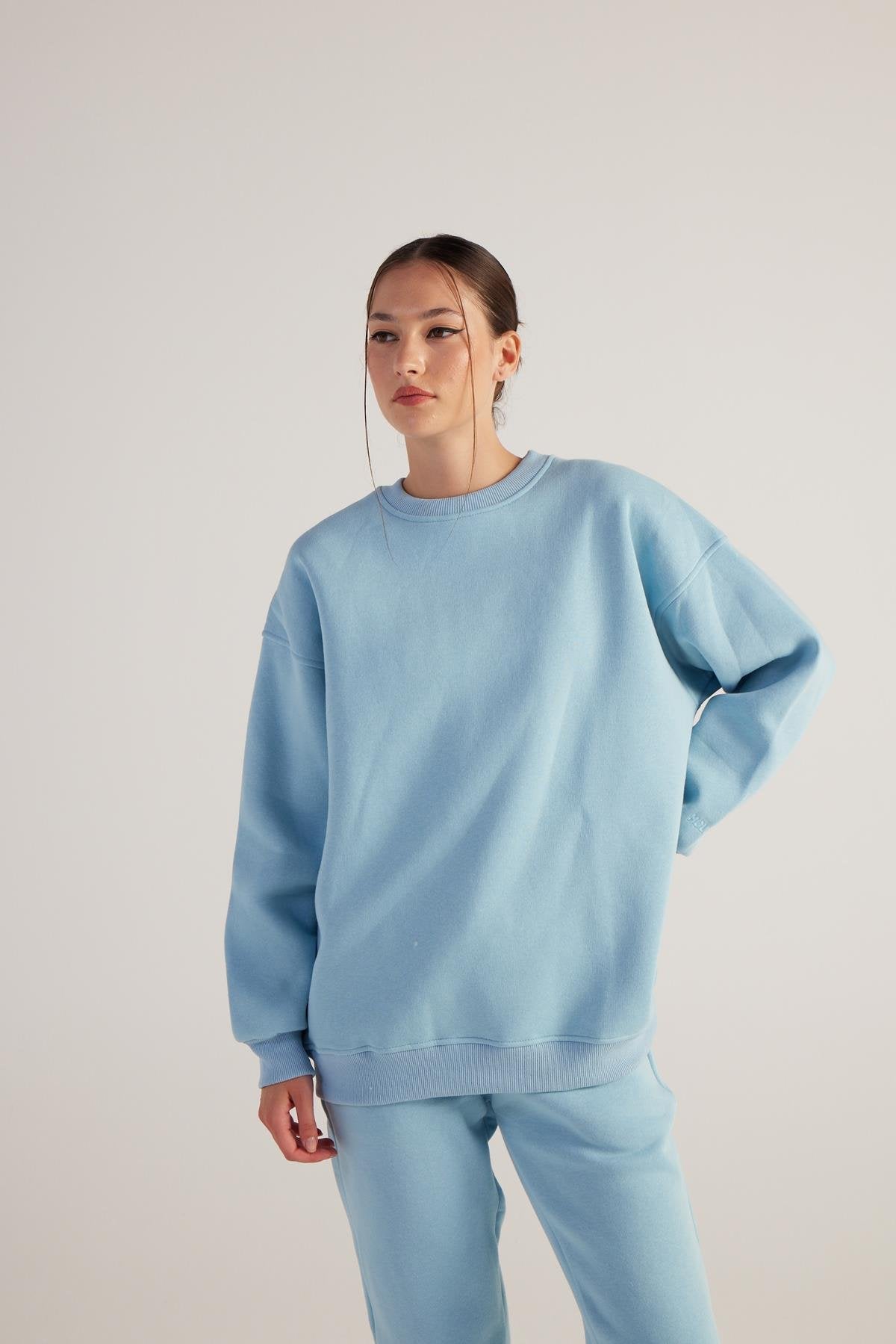 Kadın Mavi Oversize Şardonlu Yazı Baskılı Fluffy Sweatshirt - 4