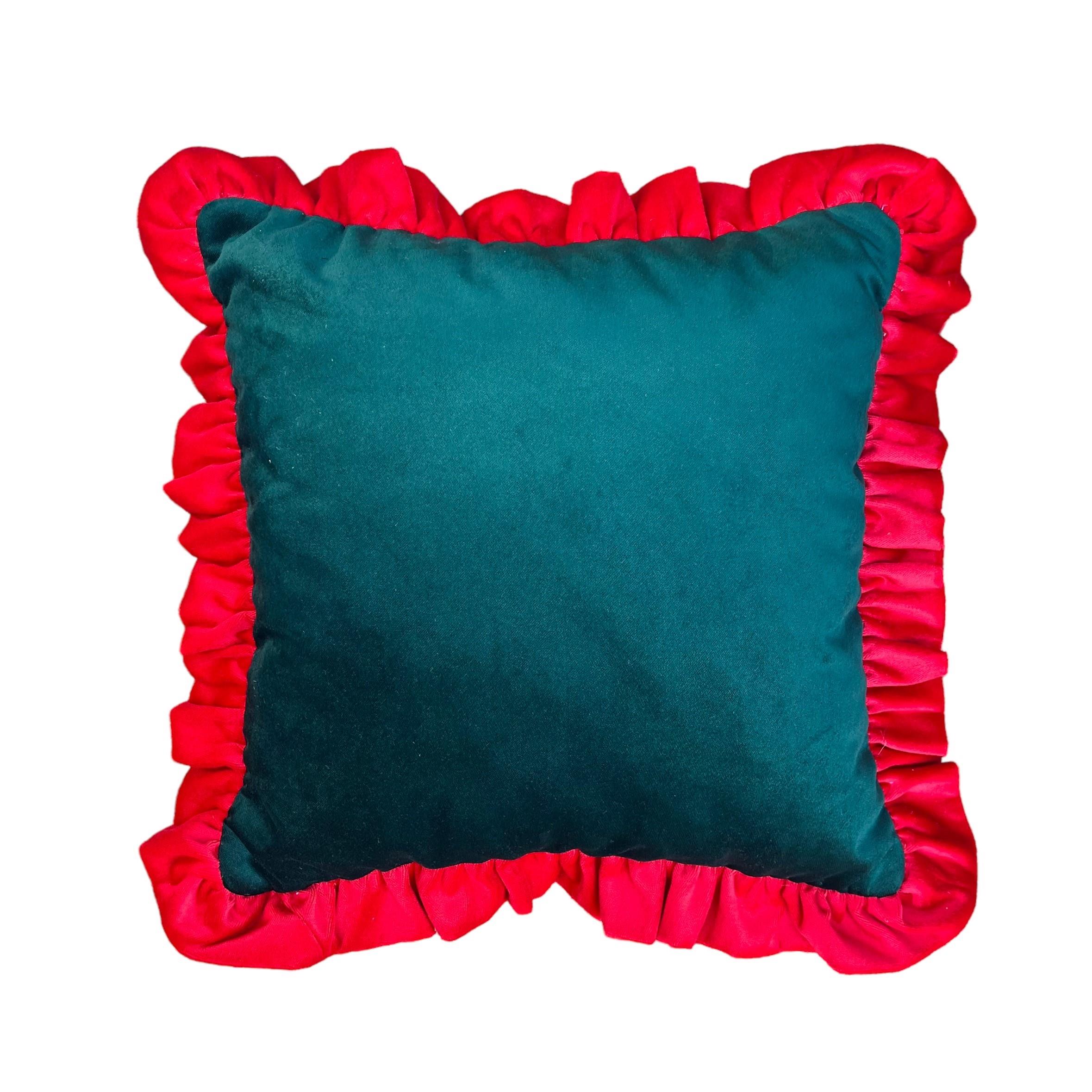 Kırmızı Fırfırlı Yeşil Kadife Kırlent Kılıfı 45 X 45 Cm - 1
