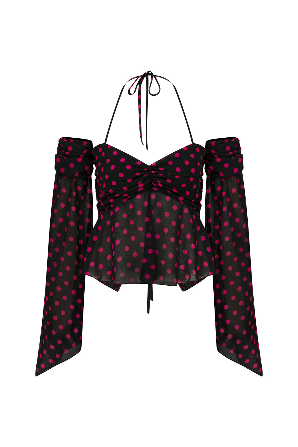 Fuşya Puantiye Desenli Şifon Crop Bluz - 0