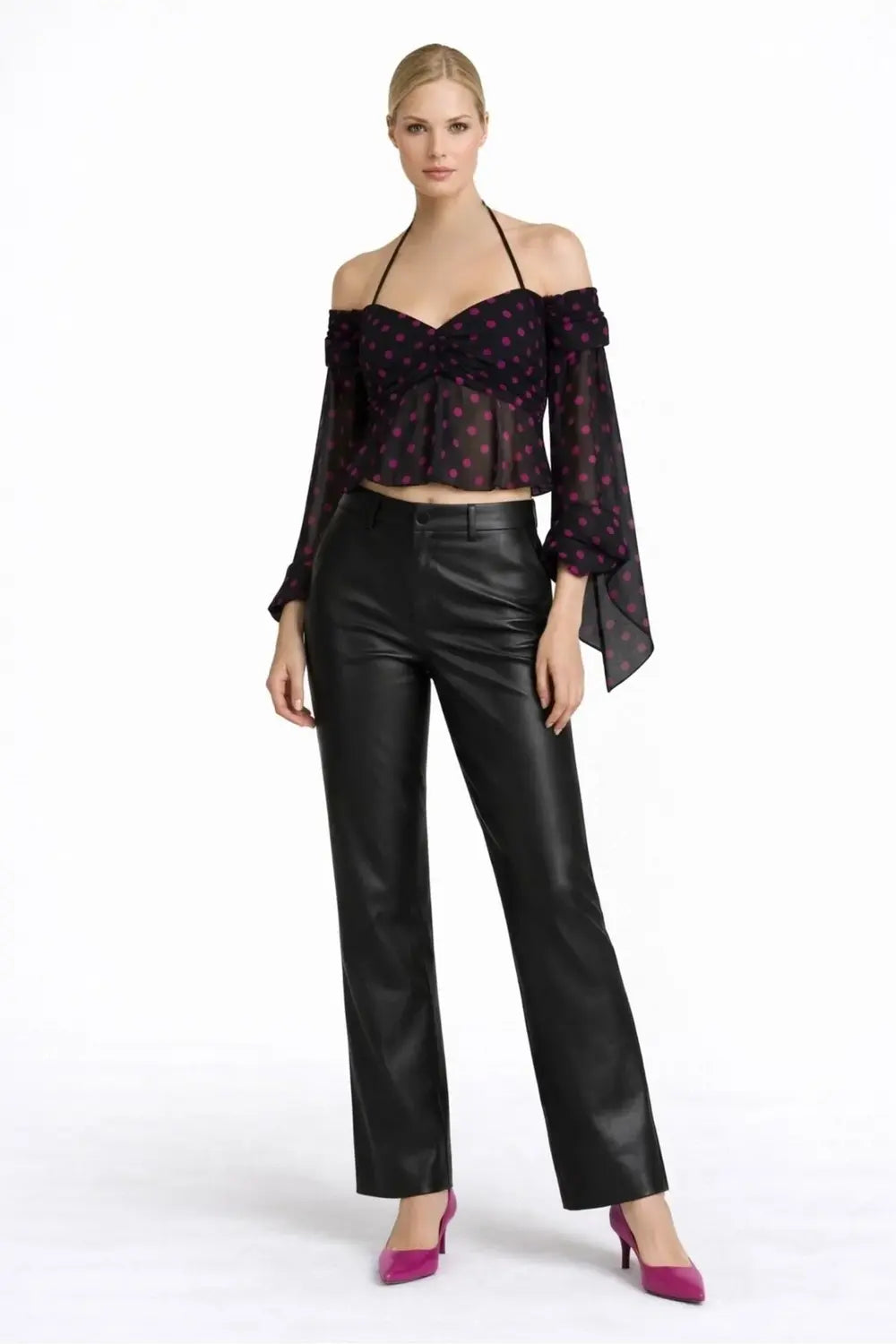 Fuşya Puantiye Desenli Şifon Crop Bluz - 1