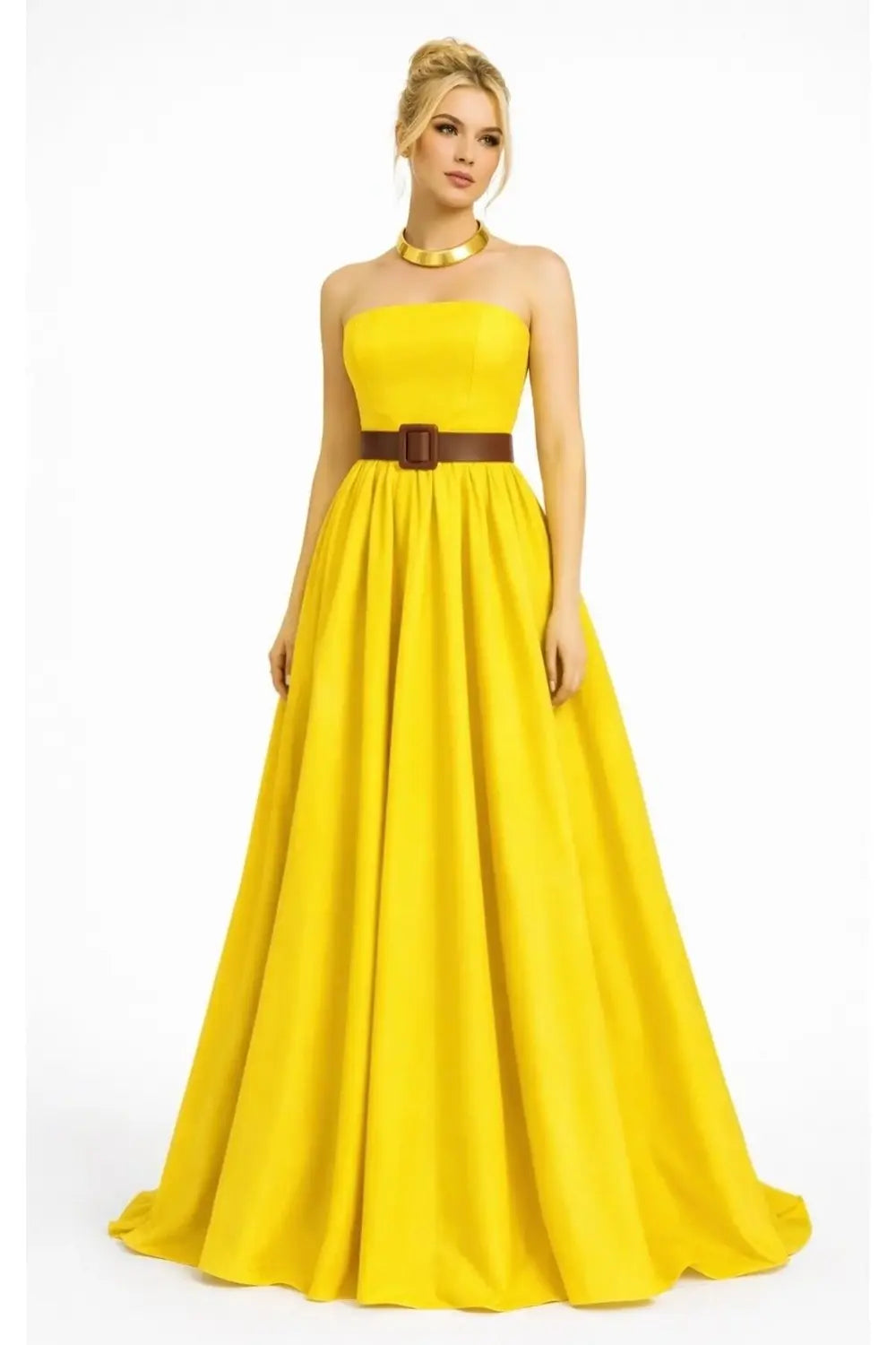 Kuşaklı Sarı Straplez Maxi Tafta Elbise - 0